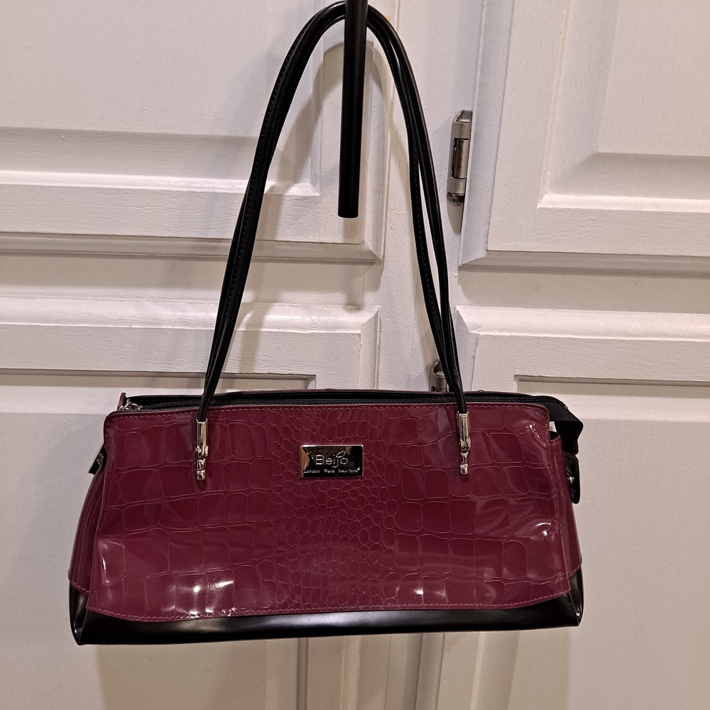 Beijo Shoulder Bag in Glossy Dark Pink Purple and Black Patent Leather Croc